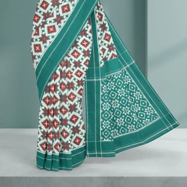 White_And_Teal_Lilan_Printed_Saree