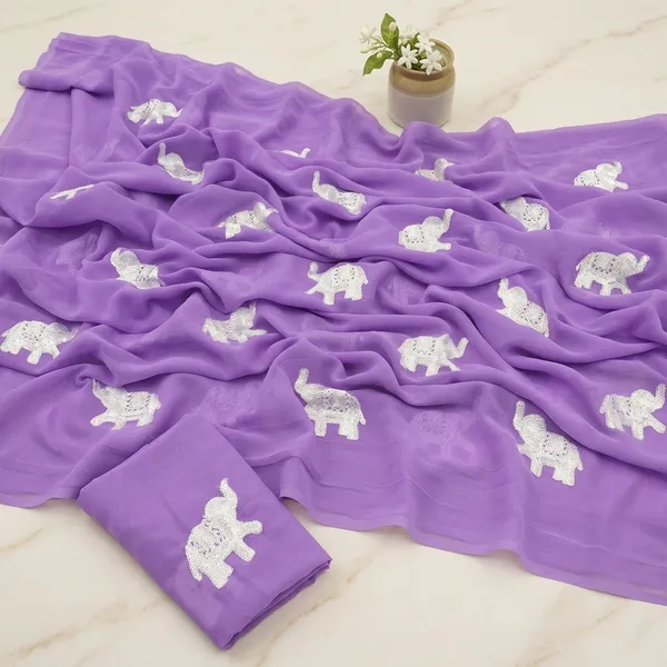 Purple_Embroidery_Work_Saree_With_Blouse_Piece