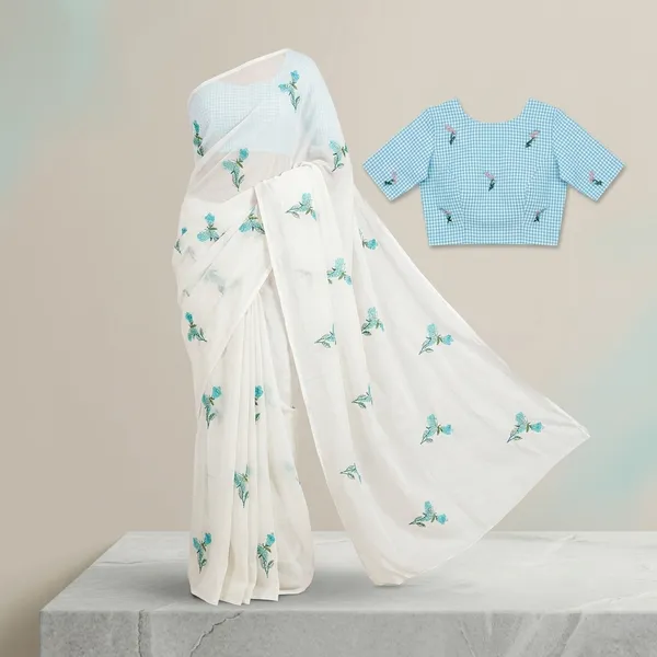 White_And_Sky_Blue_Embroidery_Work_Saree_With_Blouse_Piece