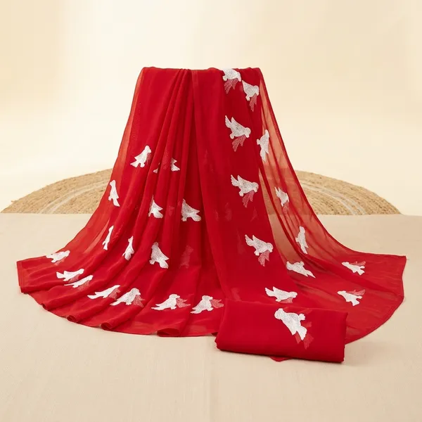 Red_And_White_Embroidery_Work_Saree_With_Blouse_Piece