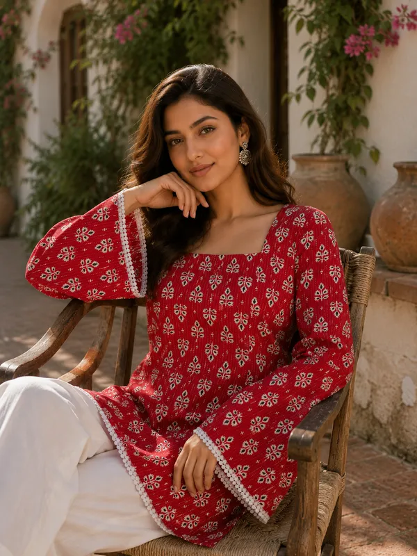 Red_Cotton_Stylish_Fashionable_Short_Kurti_For_Women