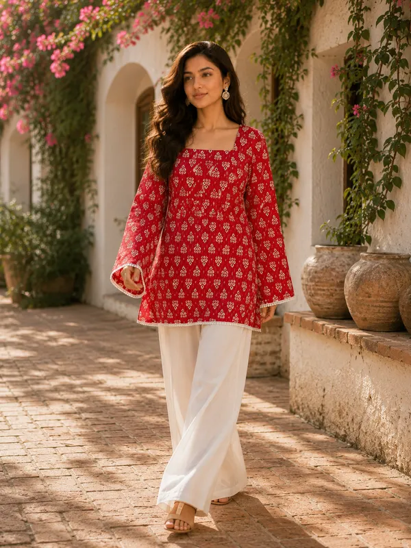 Red_Cotton_Stylish_Fashionable_Short_Kurti_For_Women