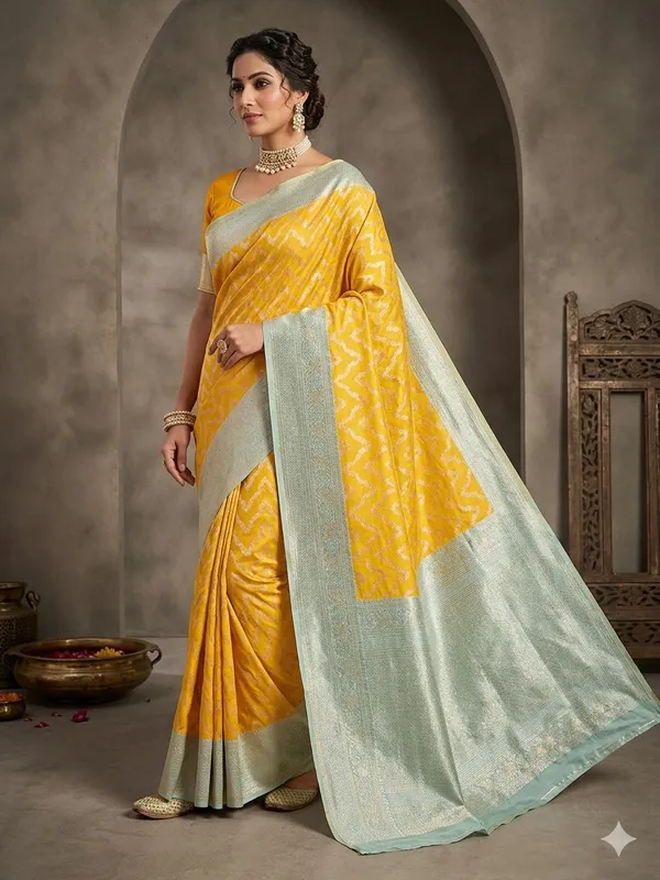 BANARASI_KATAN_SILK_IN_AIRY_GOLD_WITH_LIGHT_BLUE_BORDER