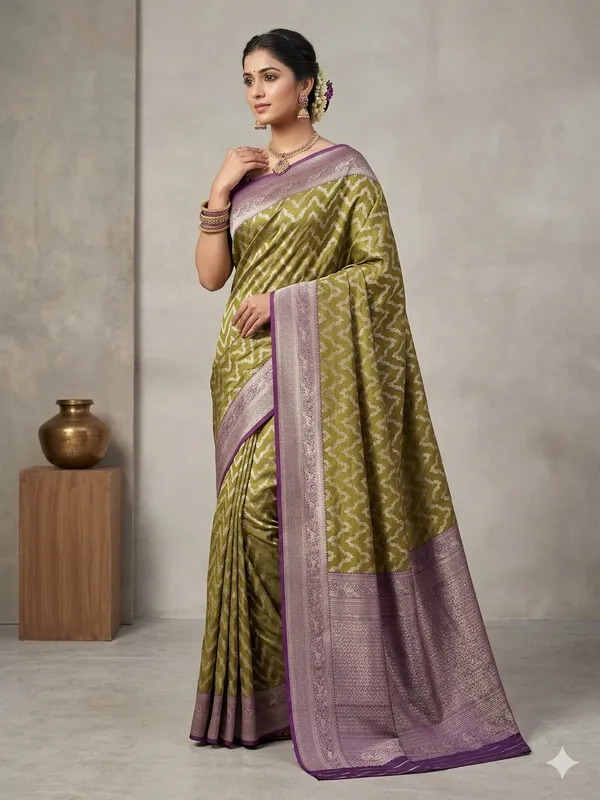 BANARASI_KATAN_SILK_IN_MEHENDI_GREEN_WITH_MAGENTA_BORDER