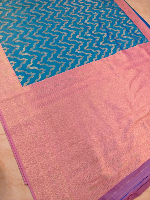 BANARASI_KATAN_SILK_FEROZI_BLUE_WITH_BABY_PINK_BORDER