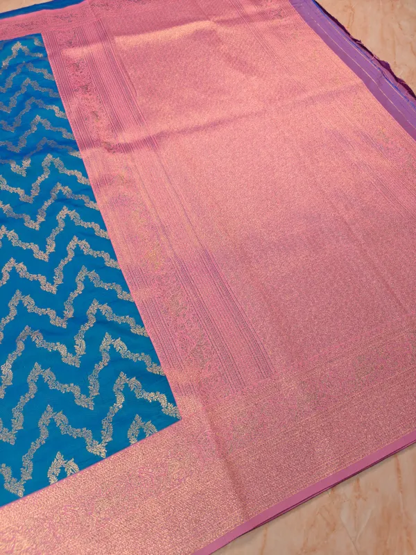 BANARASI_KATAN_SILK_FEROZI_BLUE_WITH_BABY_PINK_BORDER