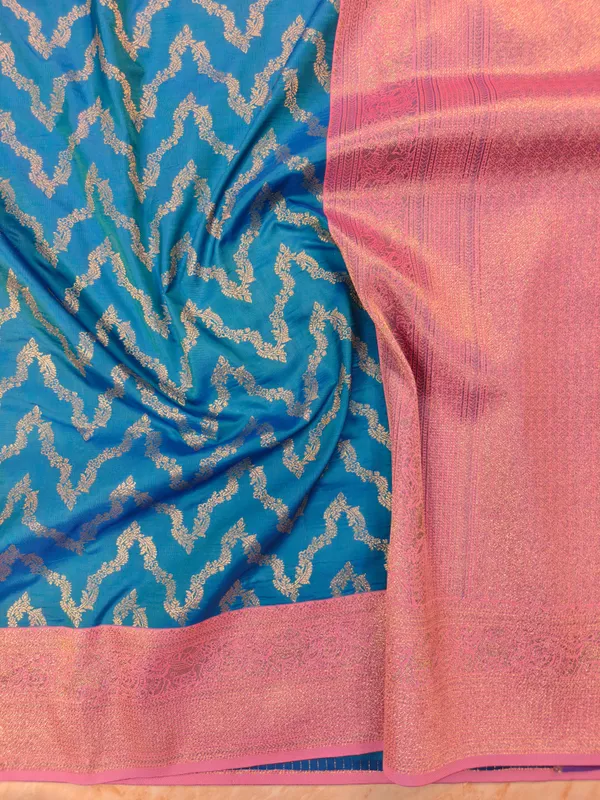 BANARASI_KATAN_SILK_FEROZI_BLUE_WITH_BABY_PINK_BORDER