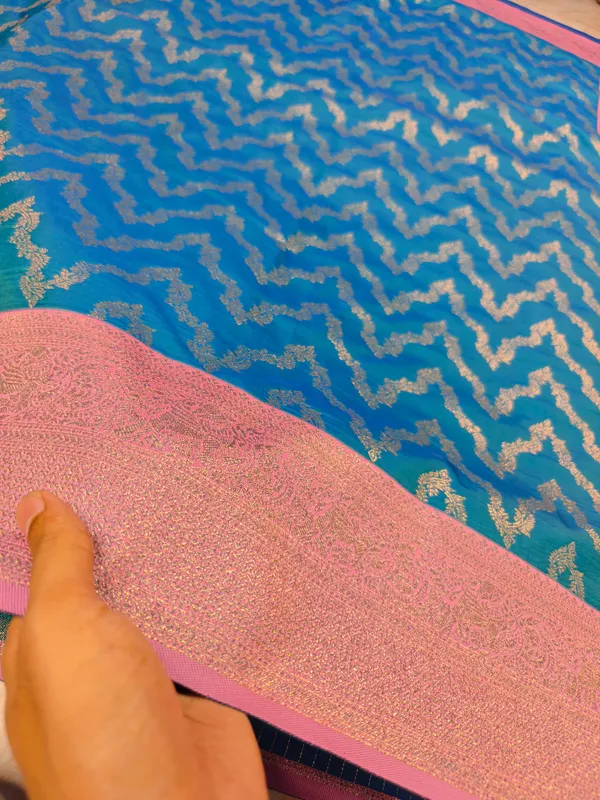 BANARASI_KATAN_SILK_FEROZI_BLUE_WITH_BABY_PINK_BORDER