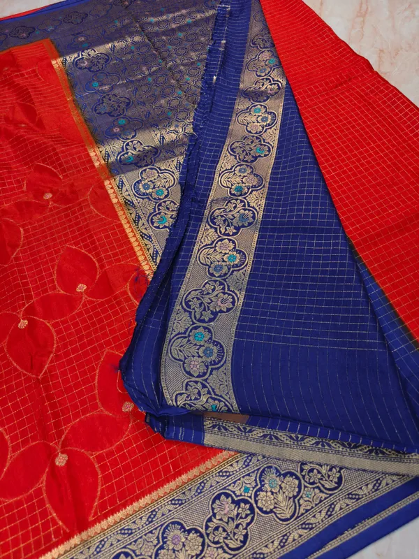 Checks_Russian_Silk_In_Red_With_Royal_Blue_Border_Saree_For_Women