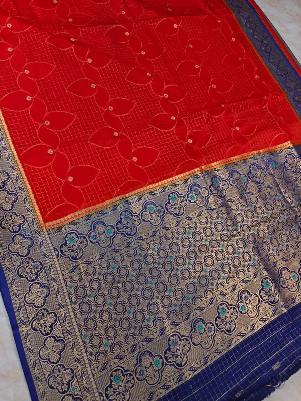 Checks_Russian_Silk_In_Red_With_Royal_Blue_Border_Saree_For_Women