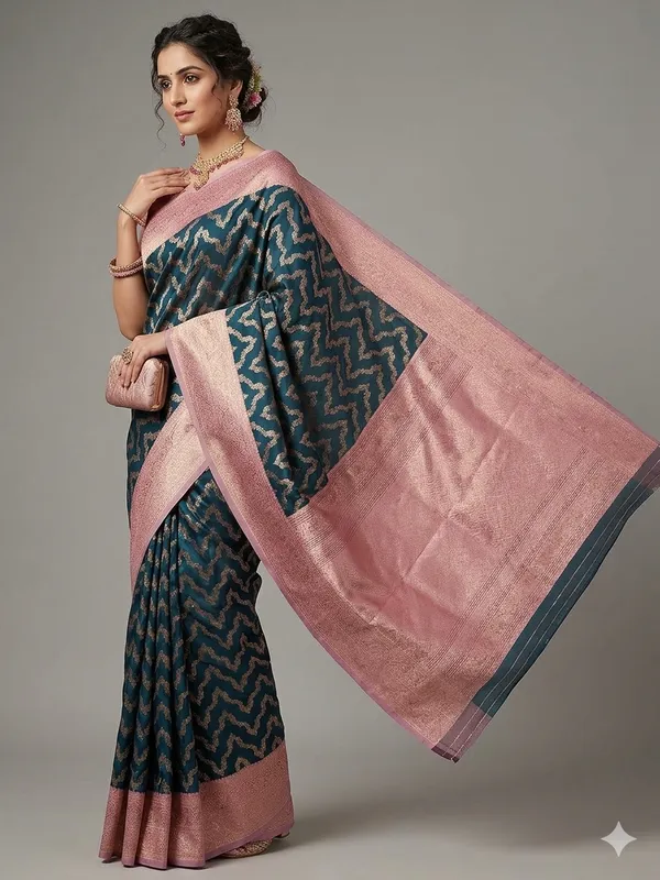 BANARASI_KATAN_SILK_IN_BOTTLE_GREEN_WITH_BABY_PINK