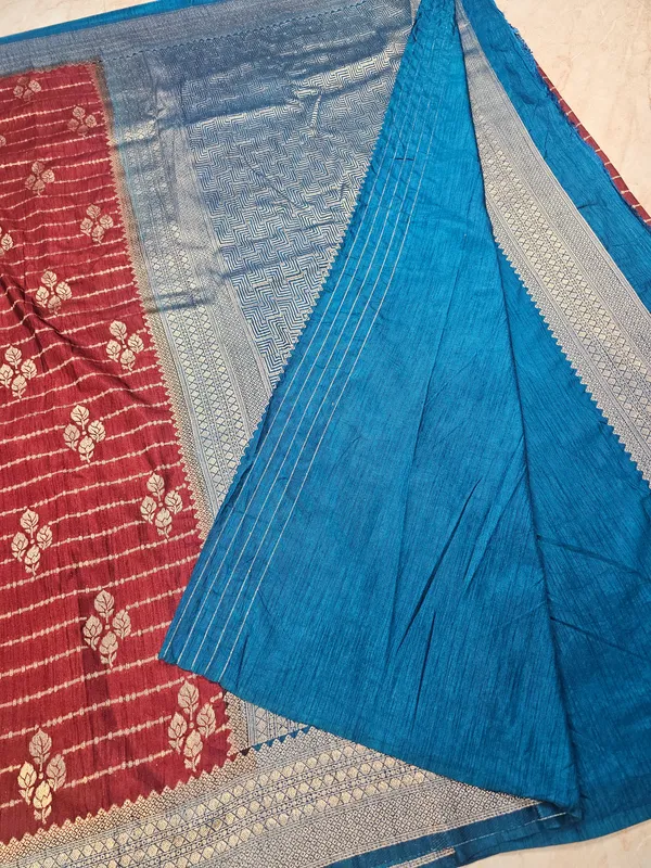 GARNET_COLOUR_SOFT_MATKA_LINEN_WITH_ROYAL_BLUE_BORDER