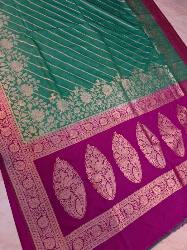 Khaddi_Georgette_In_Bottle_Green_With_Magenta_Border_Saree_For_Women