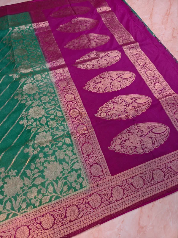 Khaddi_Georgette_In_Bottle_Green_With_Magenta_Border_Saree_For_Women