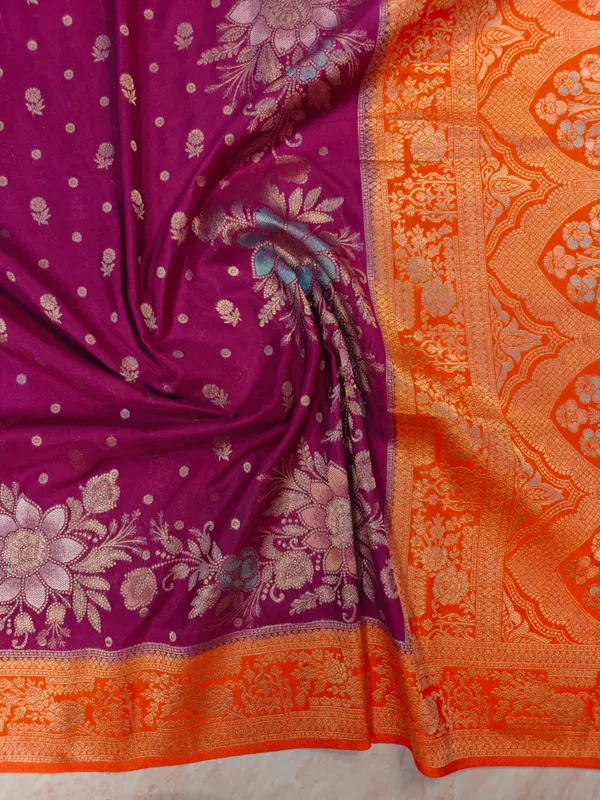 Khaddi_Georgette_In_Magenta_With_Orange_Border_Saree_For_Women