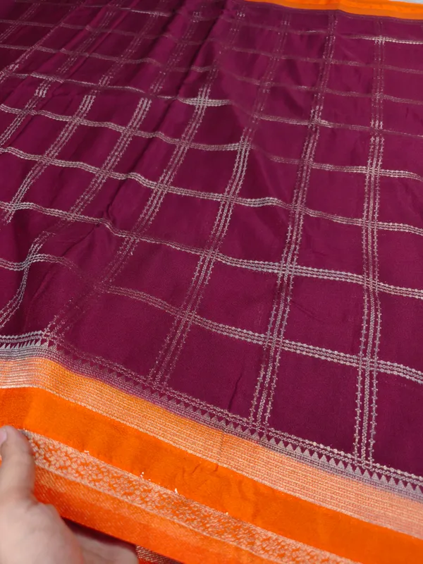 Khaddi_Georgette_In_Magenta_With_Orange_Border_Saree_For_Women