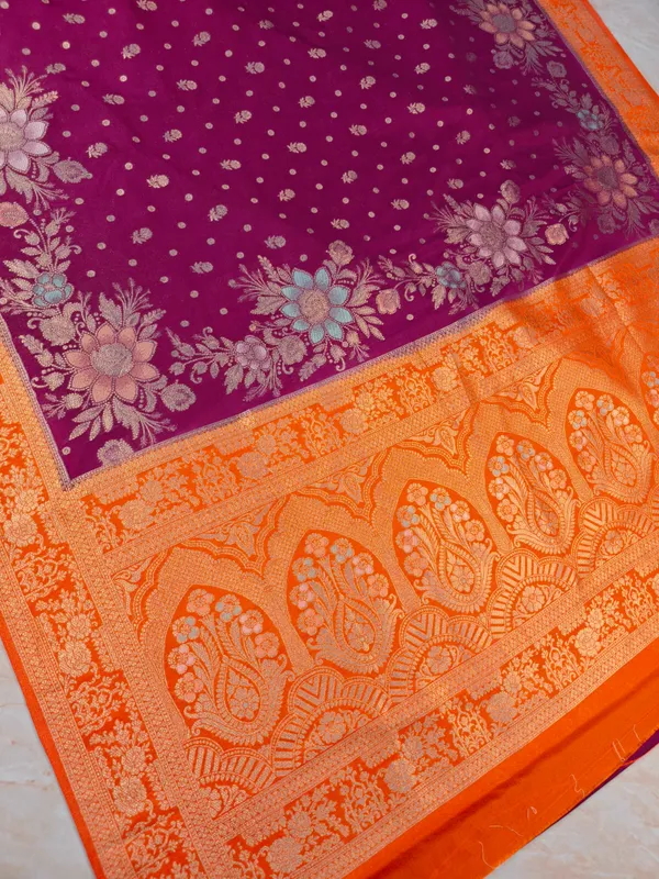 Khaddi_Georgette_In_Magenta_With_Orange_Border_Saree_For_Women