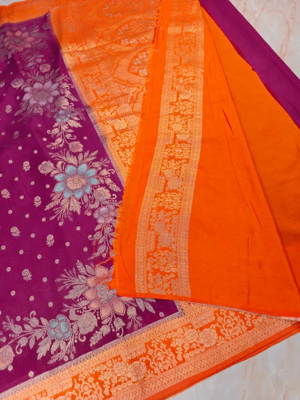 Khaddi_Georgette_In_Magenta_With_Orange_Border_Saree_For_Women