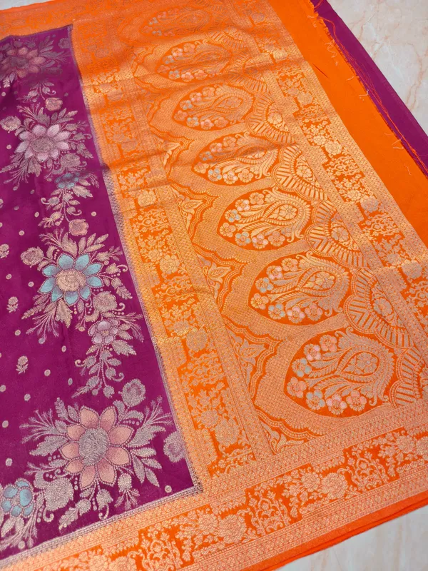 Khaddi_Georgette_In_Magenta_With_Orange_Border_Saree_For_Women