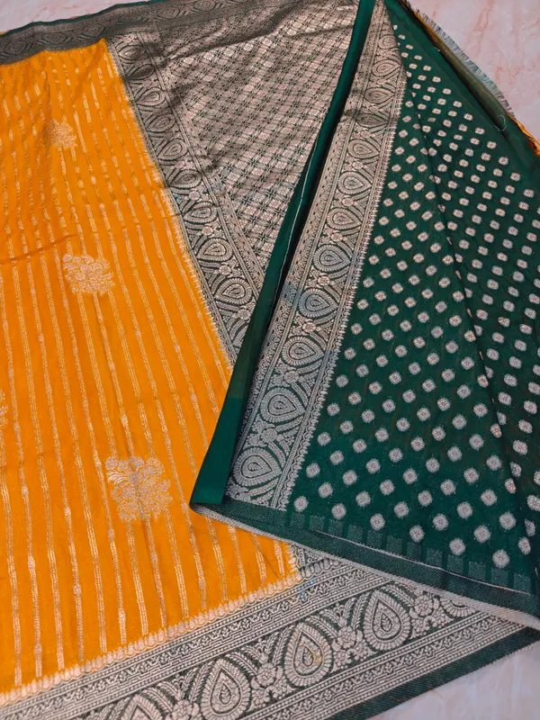 Khaddi_Georgette_In_Mustard_Gold_With_Bottle_Green_Saree_For_Women