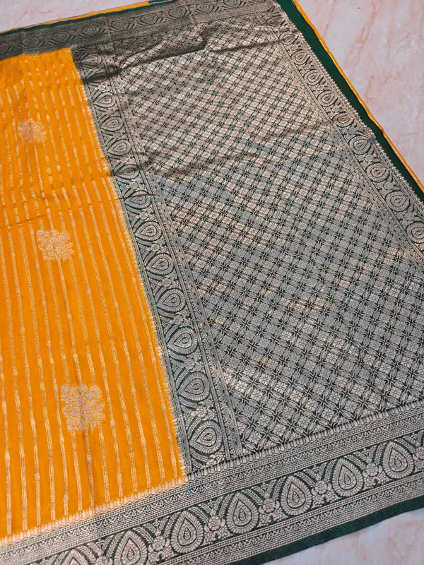 Khaddi_Georgette_In_Mustard_Gold_With_Bottle_Green_Saree_For_Women