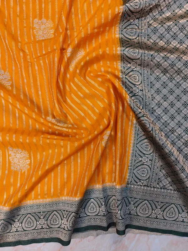 Khaddi_Georgette_In_Mustard_Gold_With_Bottle_Green_Saree_For_Women