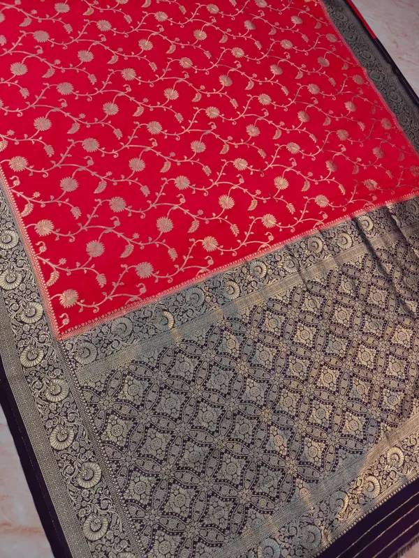 Khaddi_Georgette_In_Red_With_Indigo_Border_Saree_For_Women