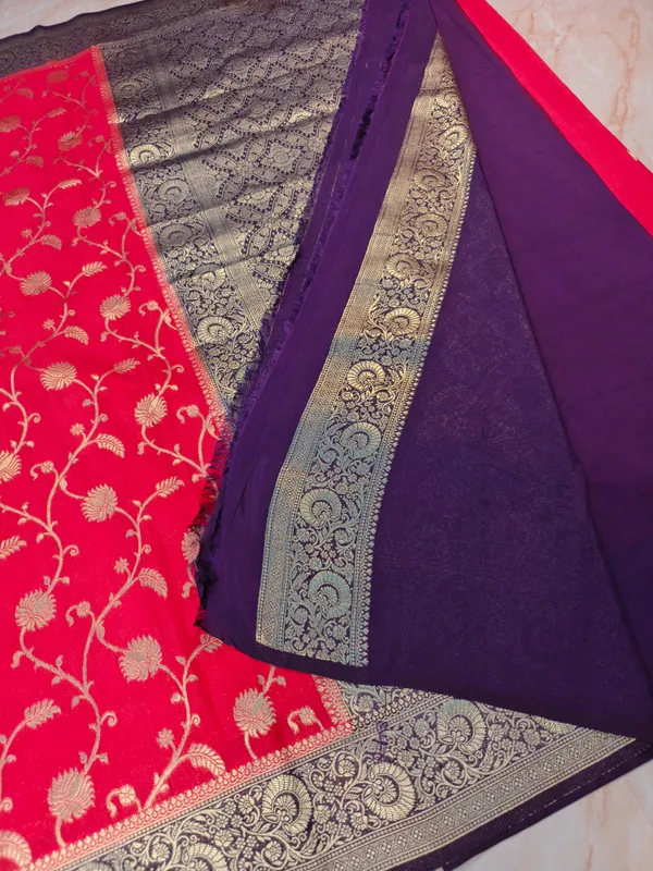 Khaddi_Georgette_In_Red_With_Indigo_Border_Saree_For_Women