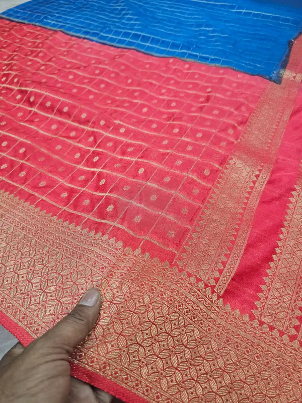 KHADDI_GEROGETTE_IN_ROYAL_BLUE_WITH_PEACH_COLOUR