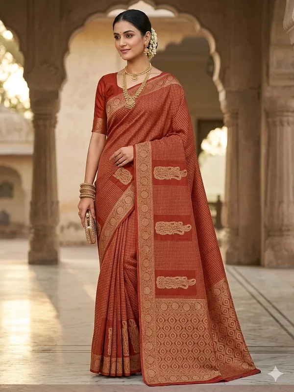 CREPE_GEORGETTE_IN_GOLDEN_EMBER_WITH_GOLD_ZARI_AND_CHECKS