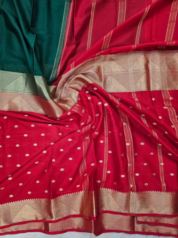 MYSORE_CREPE_IN_BOTTLE_GREEN_WITH_RED_COLOUR