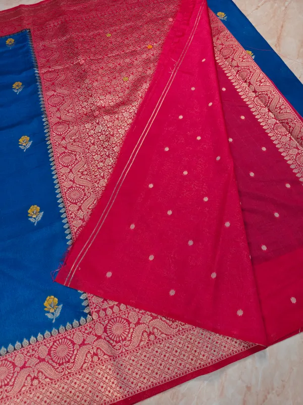 Paper_Silk_In_Royal_Blue_With_Rani_Pink_Border_Saree_For_Women