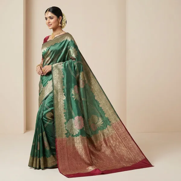 Korean_Silk_In_Bottle_Green_With_Multi_Boutique_Design_Saree_For_Women