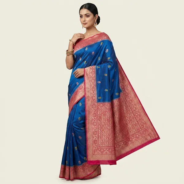 Paper_Silk_In_Royal_Blue_With_Rani_Pink_Border_Saree_For_Women