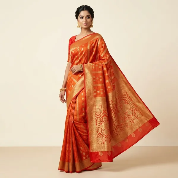 Crepe_Georgette_In_Orange_With_Checks_Styles_Saree_For_Women
