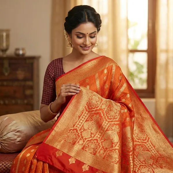 Crepe_Georgette_In_Orange_With_Checks_Styles_Saree_For_Women