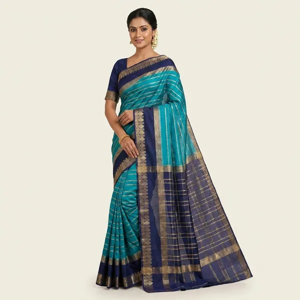 Crepe_Georgette_In_Blue_With_Navy_Blue_Border_Saree_For_Women