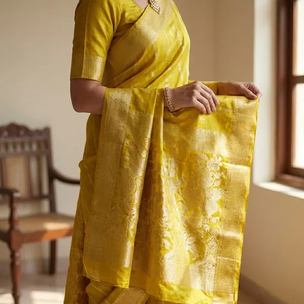 Russian_Silk_In_Mustard_Colour_With_Stripe_Style_Saree_For_Women