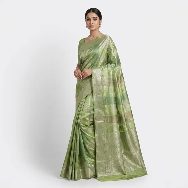 Russian_Silk_In_Pista_Green_With_Stripe_Style_Saree_For_Women
