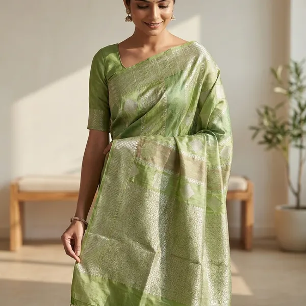 Russian_Silk_In_Pista_Green_With_Stripe_Style_Saree_For_Women