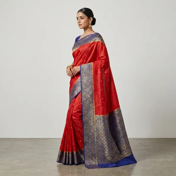 Checks_Russian_Silk_In_Red_With_Royal_Blue_Border_Saree_For_Women