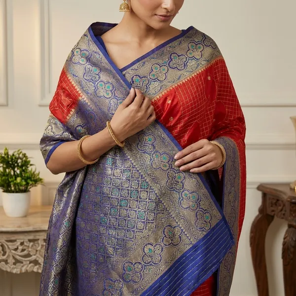 Checks_Russian_Silk_In_Red_With_Royal_Blue_Border_Saree_For_Women