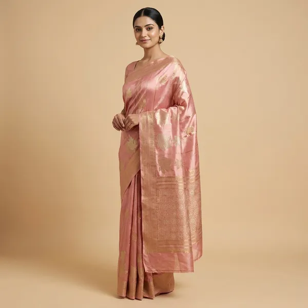 Korean_Silk_In_Peach_Colour_With_Floral_Stripes_Saree_For_Women
