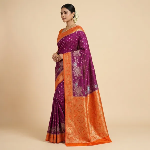 Khaddi_Georgette_In_Magenta_With_Orange_Border_Saree_For_Women