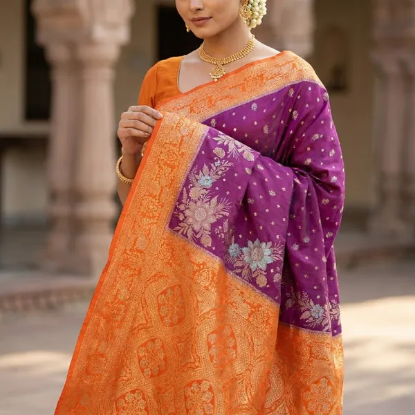 Khaddi_Georgette_In_Magenta_With_Orange_Border_Saree_For_Women