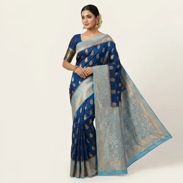 Russian_Silk_In_German_Navy_Blue_With_Sky_Blue_Border_Saree_For_Women