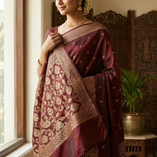 Russain_Silk_In_Brown_With_Gold_Zari_Work
