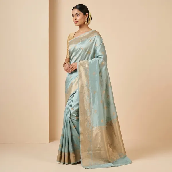 Russian_Silk_In_Sea_Green_With_Floral_Booti_Saree_For_Women