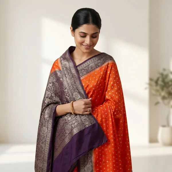 Khaddi_Georgette_In_Orange_With_Magenta_Border_Saree_For_Women