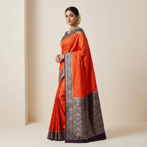 Khaddi_Georgette_In_Orange_With_Magenta_Border_Saree_For_Women